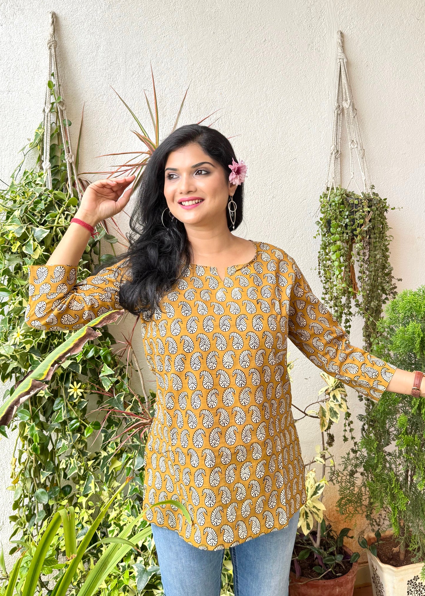 Leaf Motif ~ Mustard Yellow Handblock Kurti