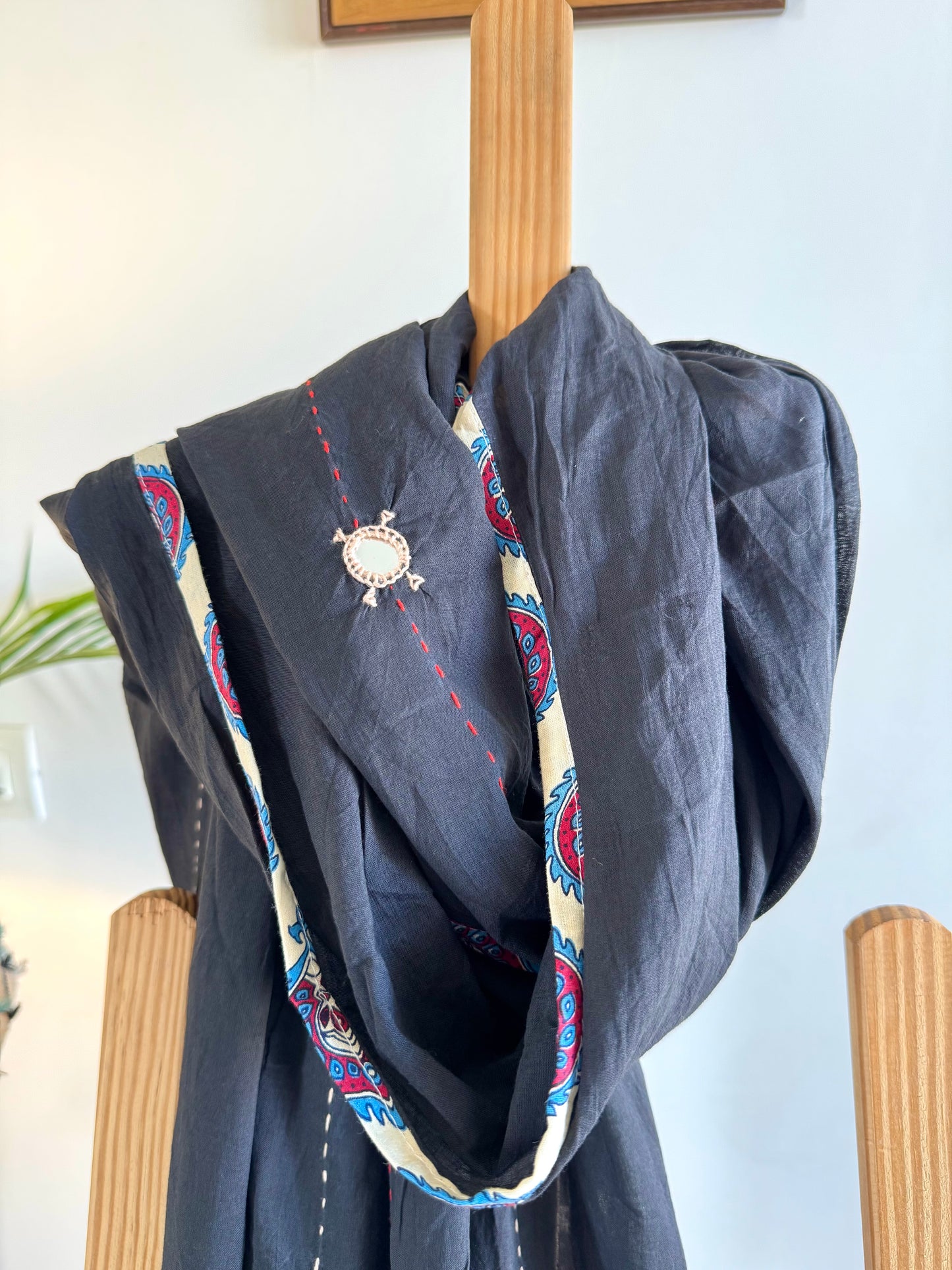 Ajrakh Applique & Kantha Embroidered Dupatta ~ Black & Cream