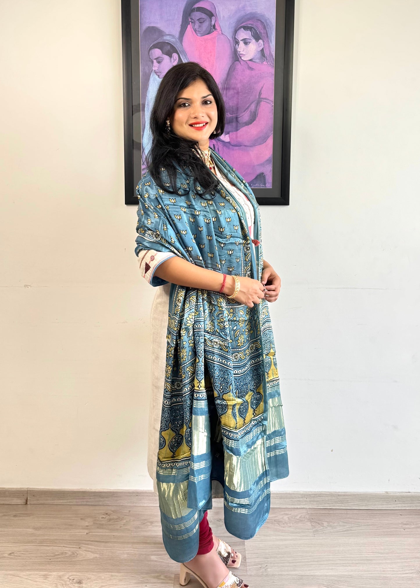 Modal Silk Ajrakh Dupatta ~ Metallic Blue Lotus motif w/ Zari