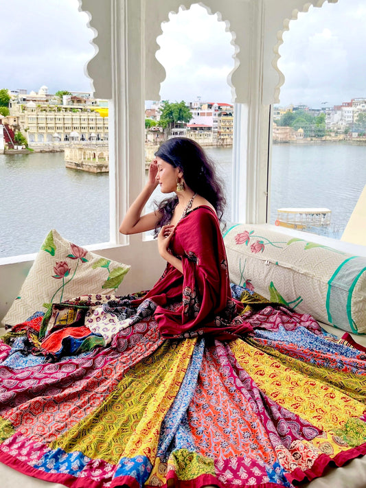 🌻Navrang ~ Gulal Ajrakh Skirt and Dupatta Set