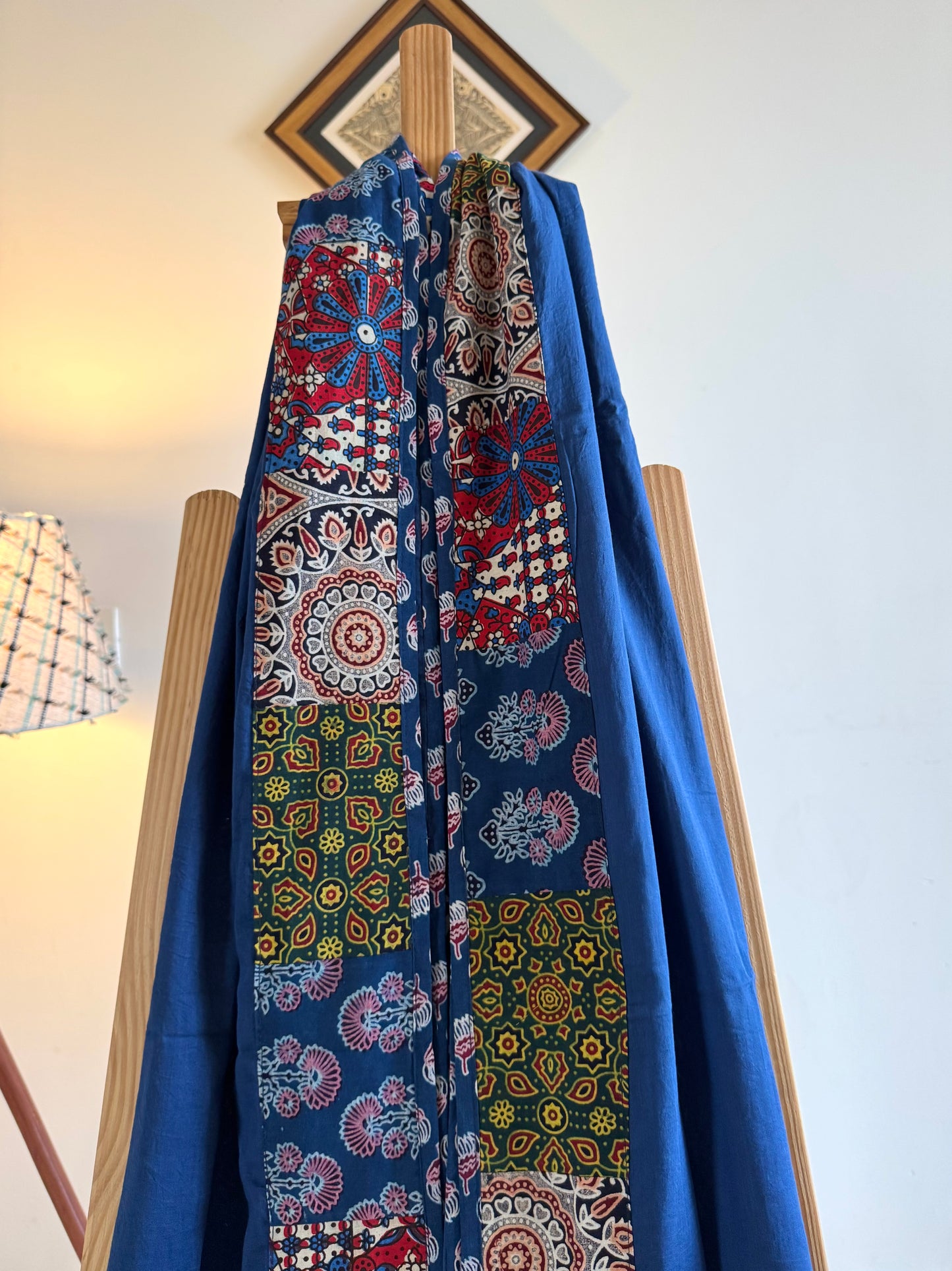 Ajrakh Applique & Kantha Embroidered Dupatta ~ Navy Blue with Multicolor Flowers