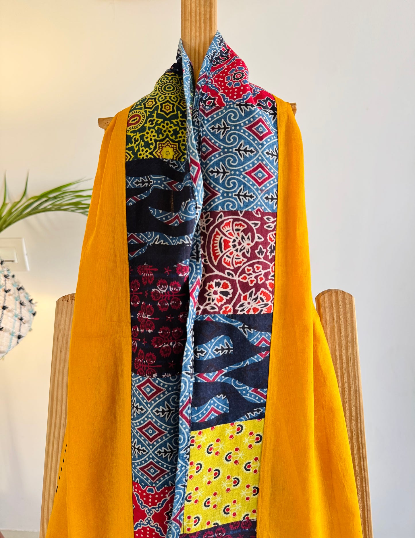 Ajrakh Applique & Kantha Embroidered Dupatta ~ Mustard Yellow with Flowers