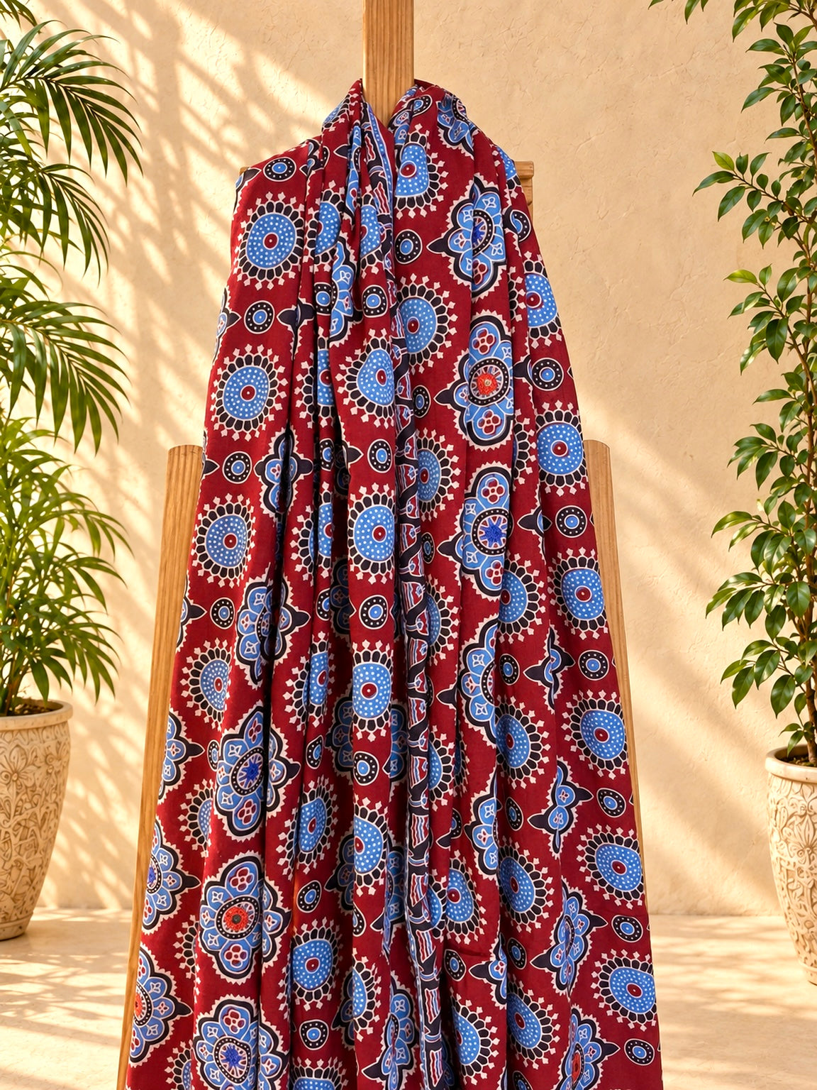 Rangrez🔅Ajrakh Mulmul Cotton Dupattas with Embroidery ~ Wine Red w/ metallic blue