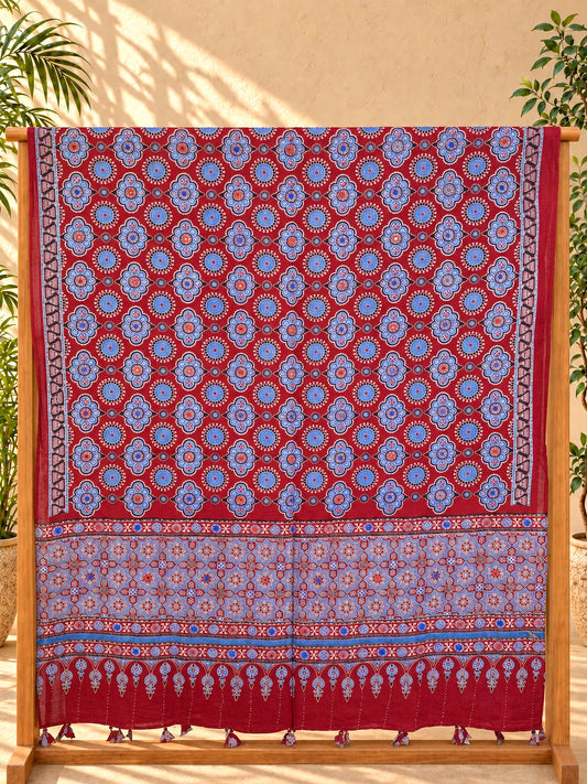 Rangrez🔅Ajrakh Mulmul Cotton Dupattas with Embroidery ~ Wine Red w/ metallic blue