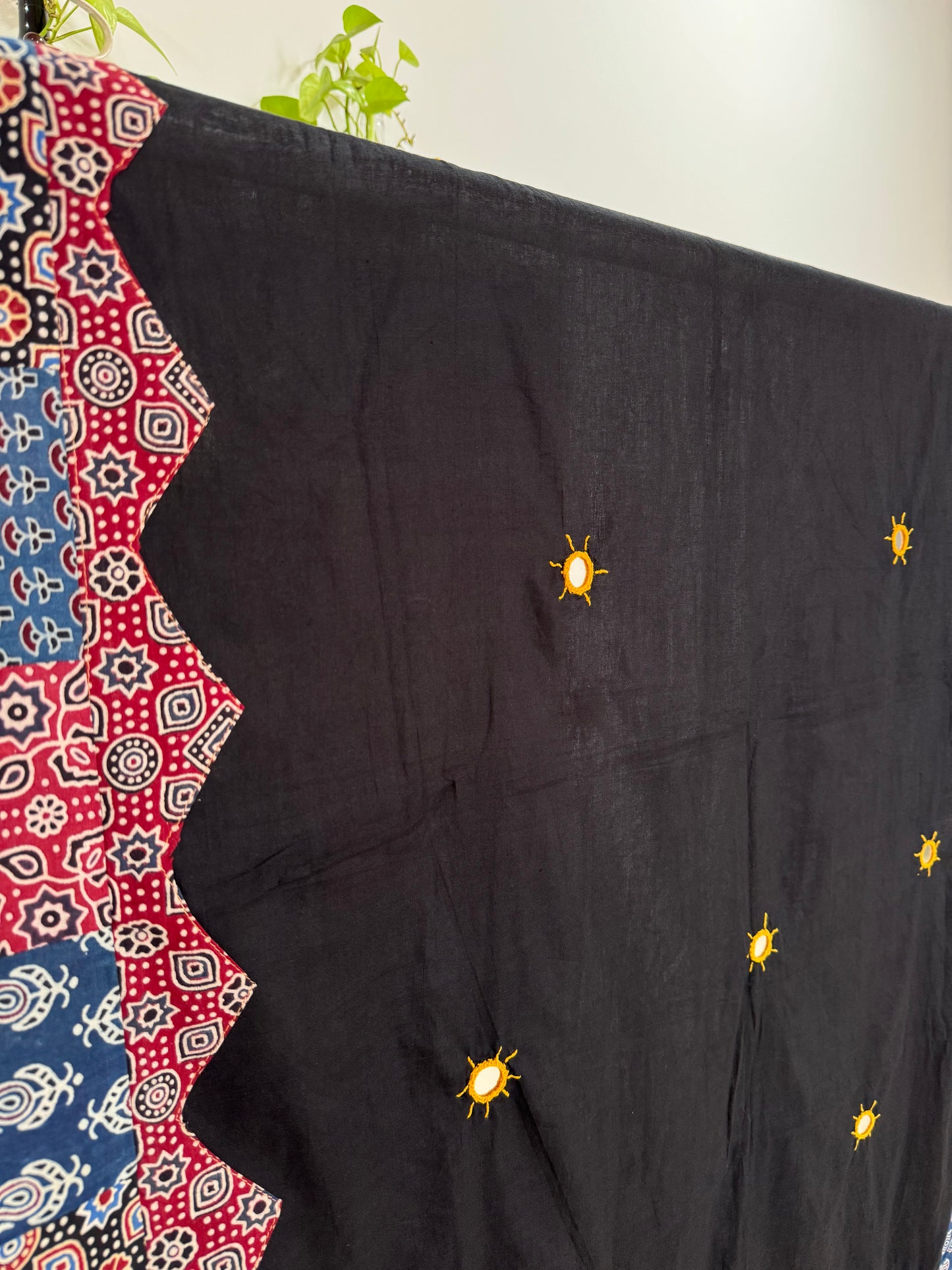 Ajrakh Applique & Kantha Embroidered Dupatta ~ Raven Black & Red