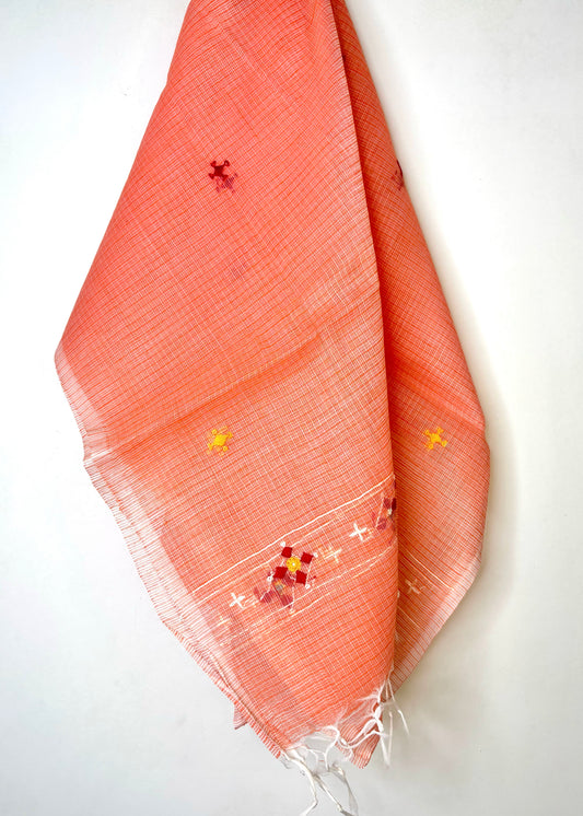 Kota Doria Hand Embroidered Dupatta ~ Peach w/ red flowers