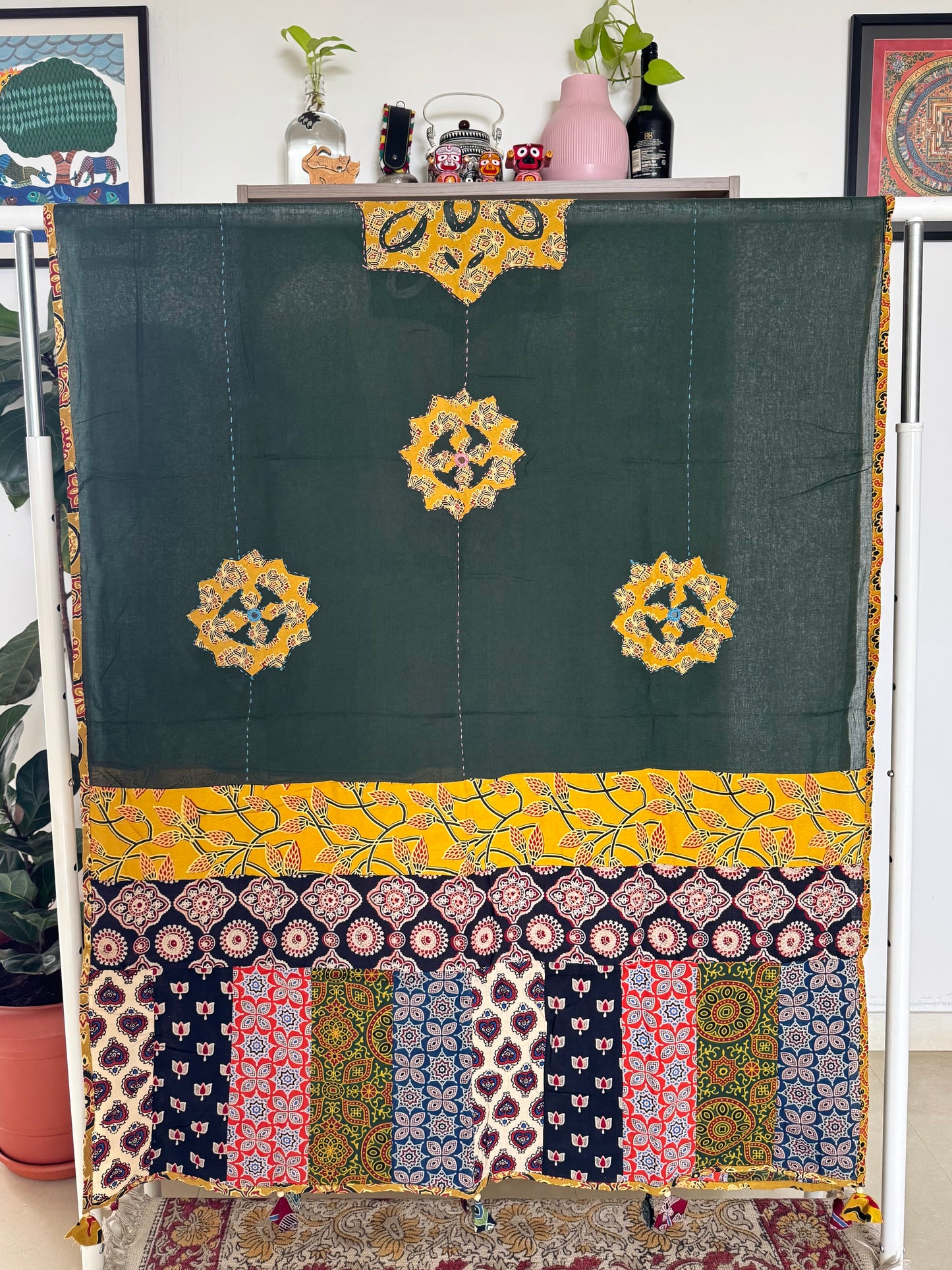 𓂃ོ⋆☀︎𓂃ᨒོ Ajrakh, Applique & Kantha Embroidered Dupatta ~ Olive Green w/ Yellow Flowers 𑁍ࠬ