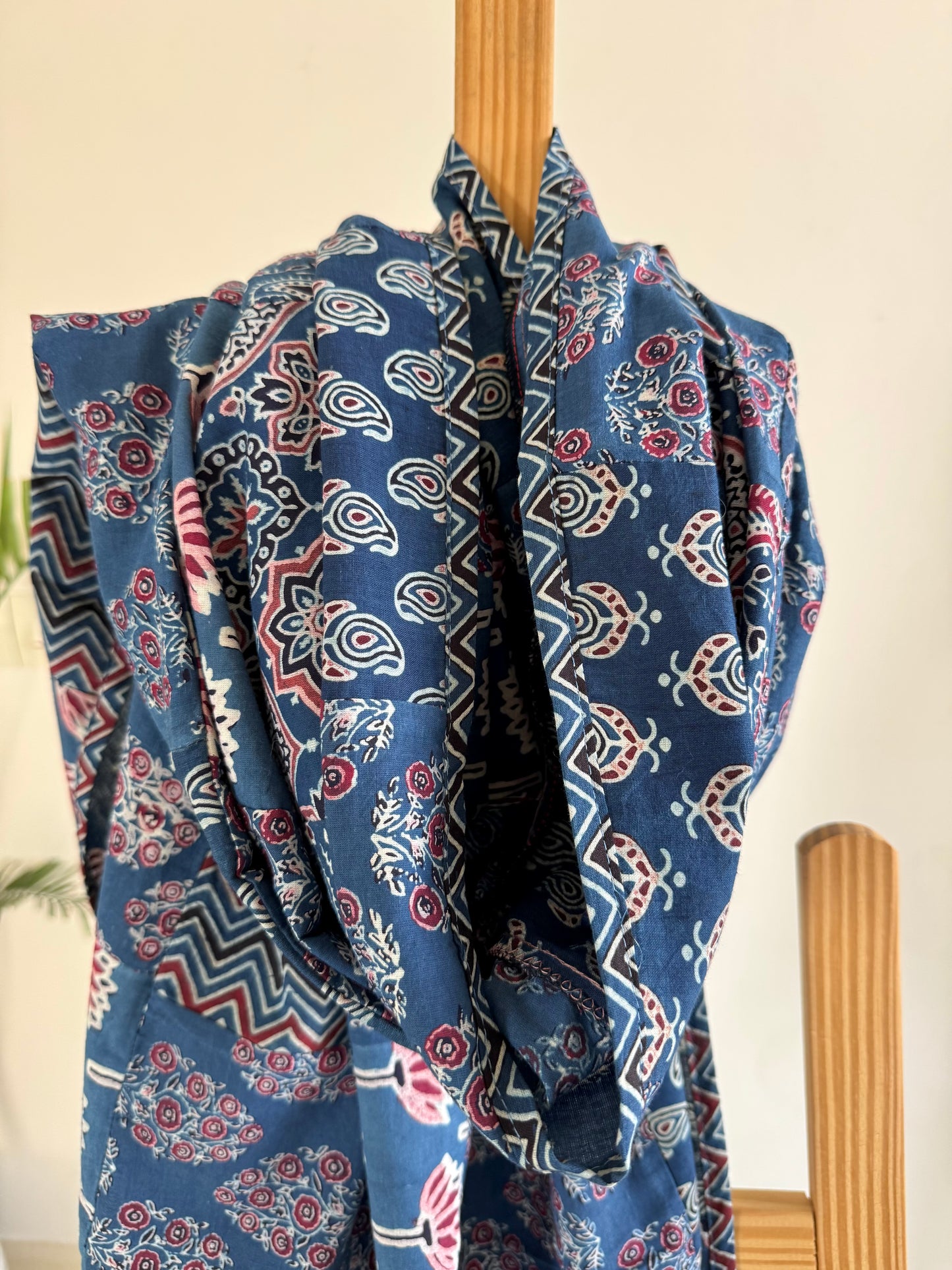 Ajrakh Applique & Kantha Embroidered Dupatta ~ Blue Chequered