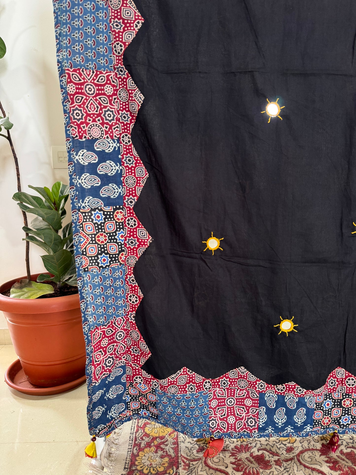 Ajrakh Applique & Kantha Embroidered Dupatta ~ Raven Black & Red