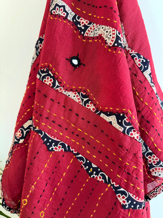 Ajrakh Applique & Kantha Embroidered Dupatta ~ Deep Red with Kantha Work