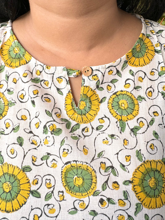 Daffodils ~ Green, Yellow and White Handblock Kurti