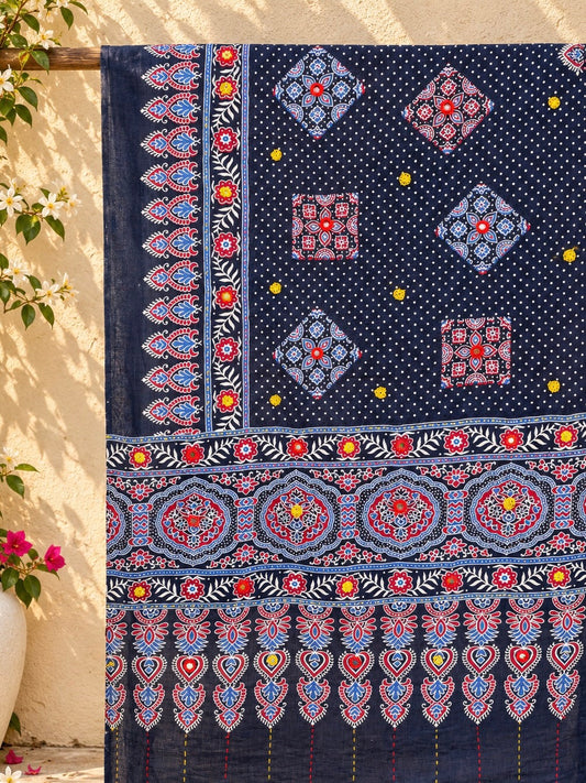 Rangrez🔅Ajrakh Mulmul Cotton Dupattas with Embroidery ~ Indigo Bloom