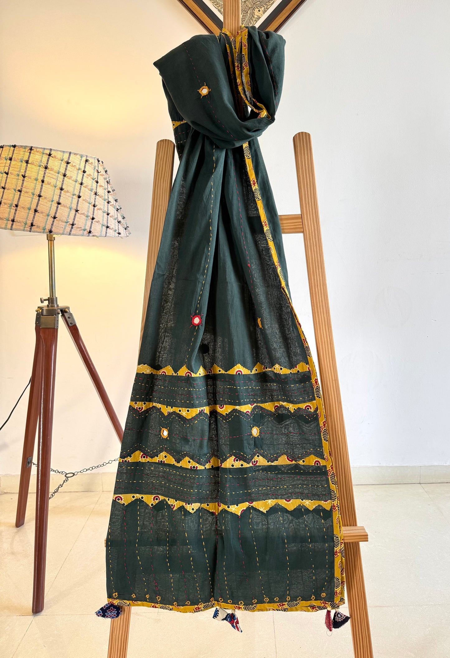 Ajrakh Applique & Kantha Embroidered Dupatta ~ Olive Green and Yellow
