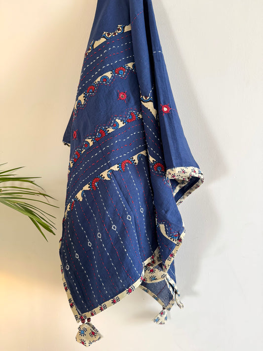Ajrakh Applique & Kantha Embroidered Dupatta ~ Navy Blue with Kantha Work