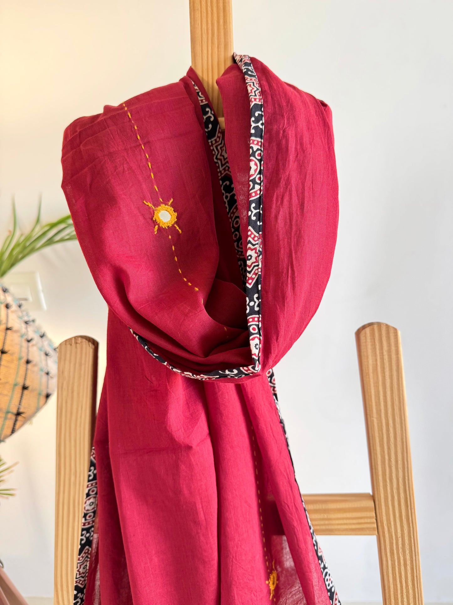 Ajrakh Applique & Kantha Embroidered Dupatta ~ Deep Red with Kantha Work