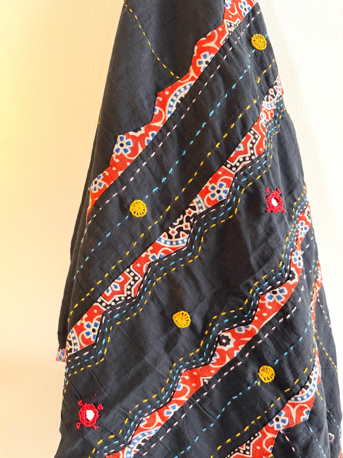 Ajrakh Applique & Kantha Embroidered Dupatta ~ Black with Orange Kantha Work