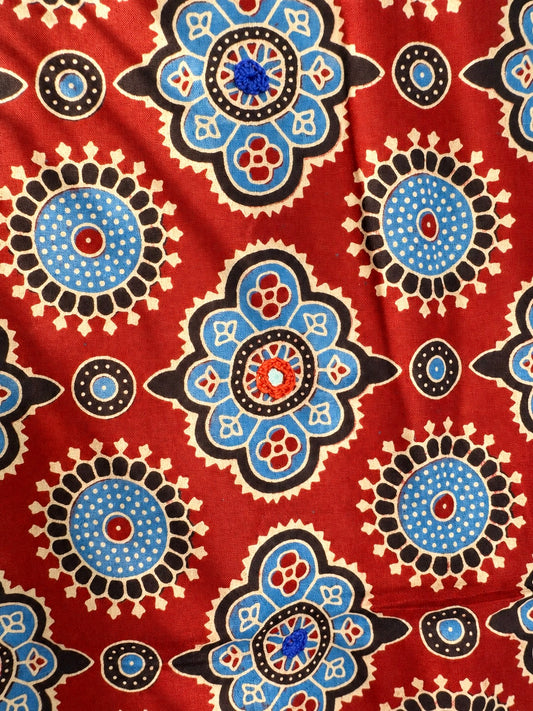 Rangrez🔅Ajrakh Mulmul Cotton Dupattas with Embroidery ~ Wine Red w/ metallic blue