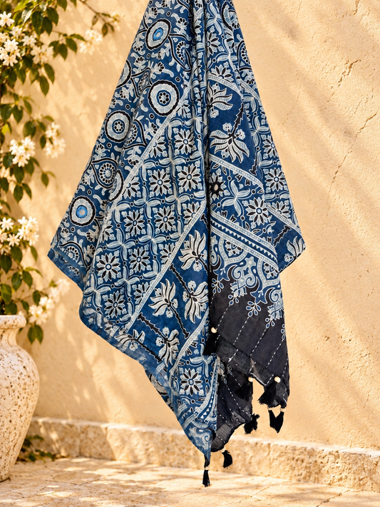 Rangrez🔅Ajrakh Mulmul Cotton Dupattas with Embroidery ~ Neel Kamal