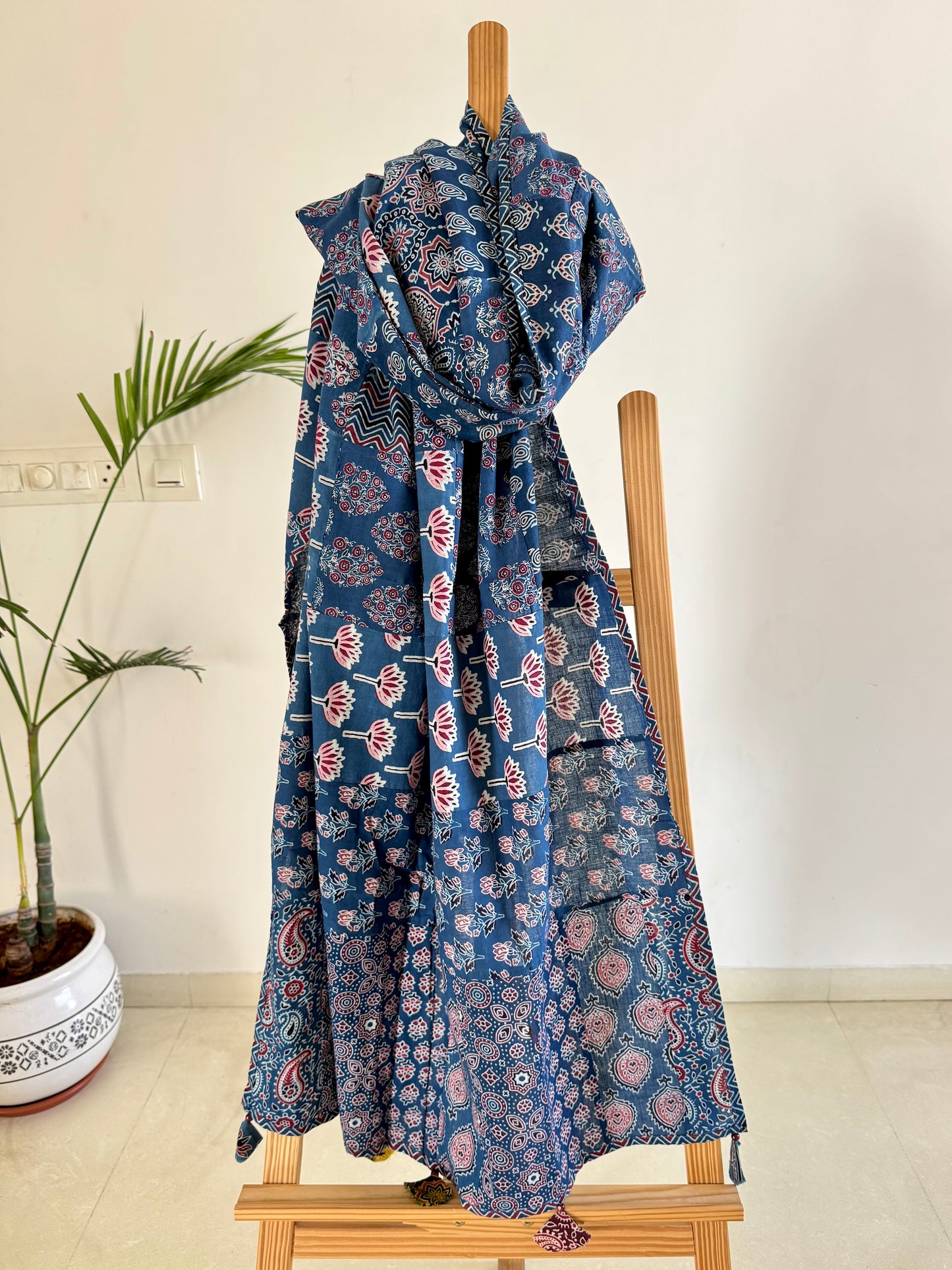 Ajrakh Applique & Kantha Embroidered Dupatta ~ Blue Chequered