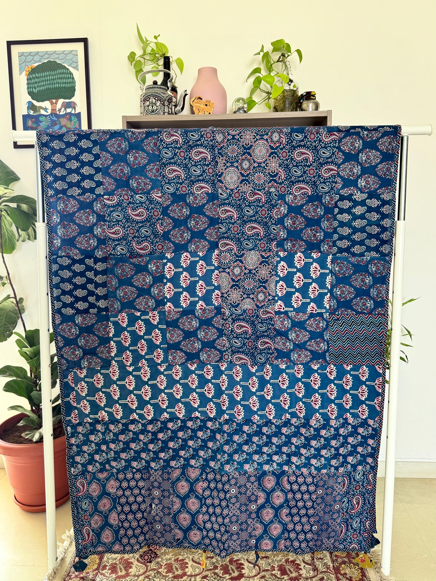 Ajrakh Applique & Kantha Embroidered Dupatta ~ Blue Chequered
