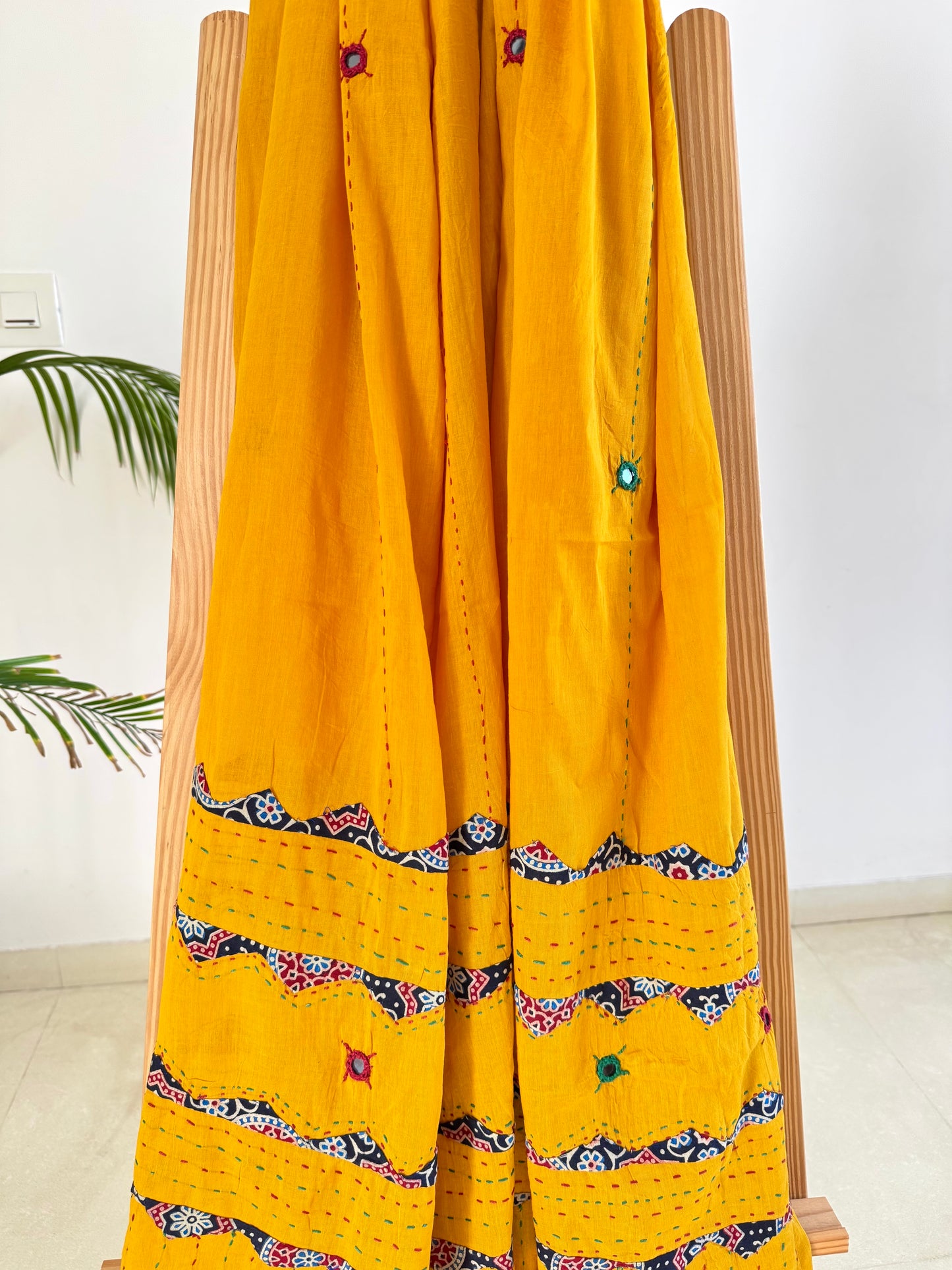 Ajrakh Applique & Kantha Embroidered Dupatta ~ Mustard Yellow with dotted lines