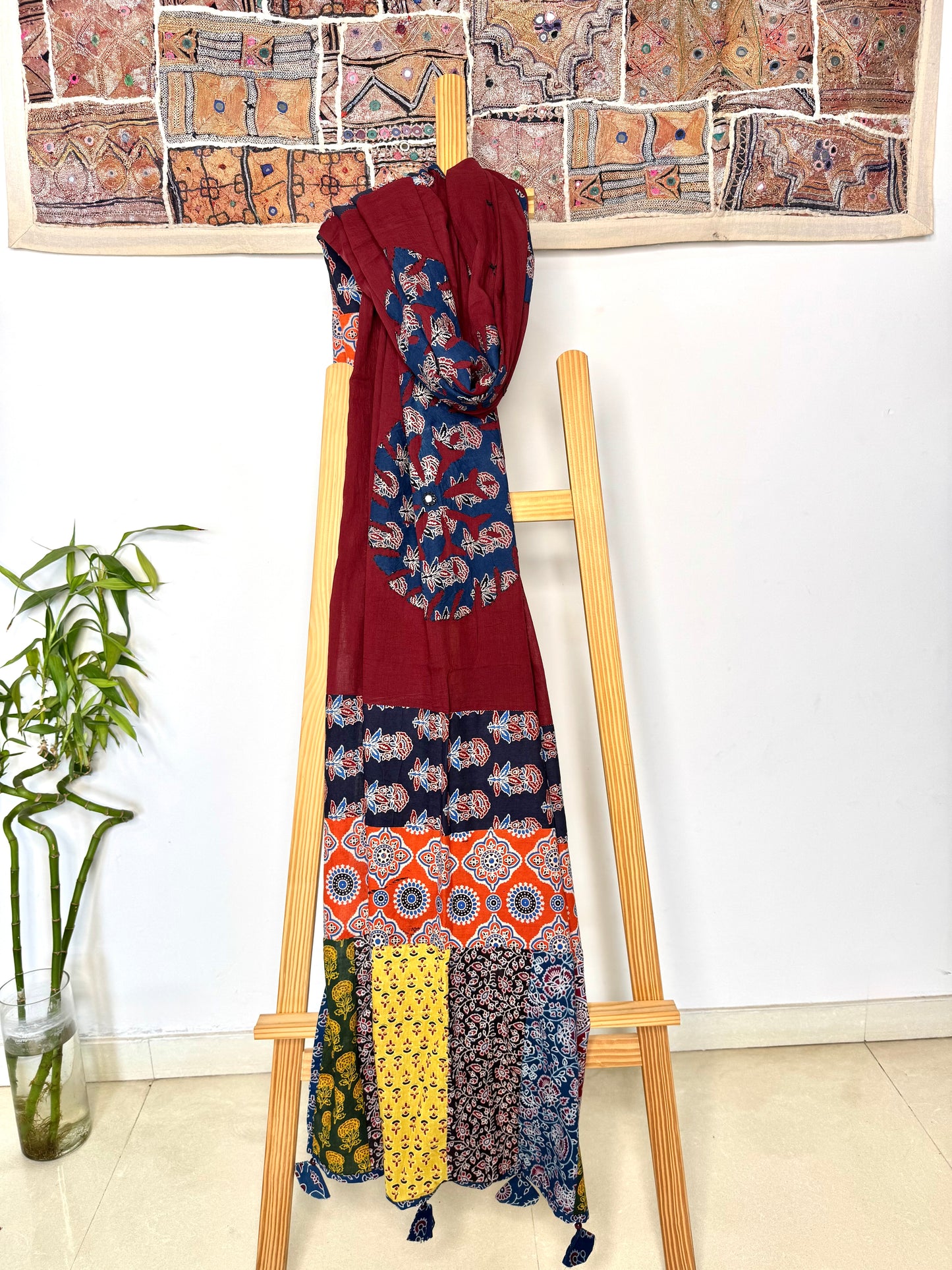 𓂃ོ⋆☀︎𓂃ᨒོ Ajrakh, Applique & Kantha Embroidered Dupatta ~ Burgundy Red 𑁍ࠬ