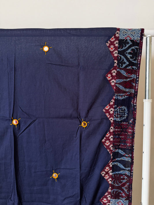 Ajrakh Applique & Kantha Embroidered Dupatta ~ Midnight Indigo