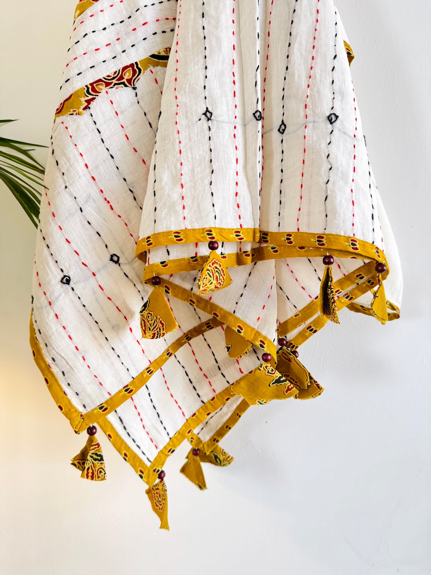 Ajrakh Applique & Kantha Embroidered Dupatta ~ White with Yellow Patchwork