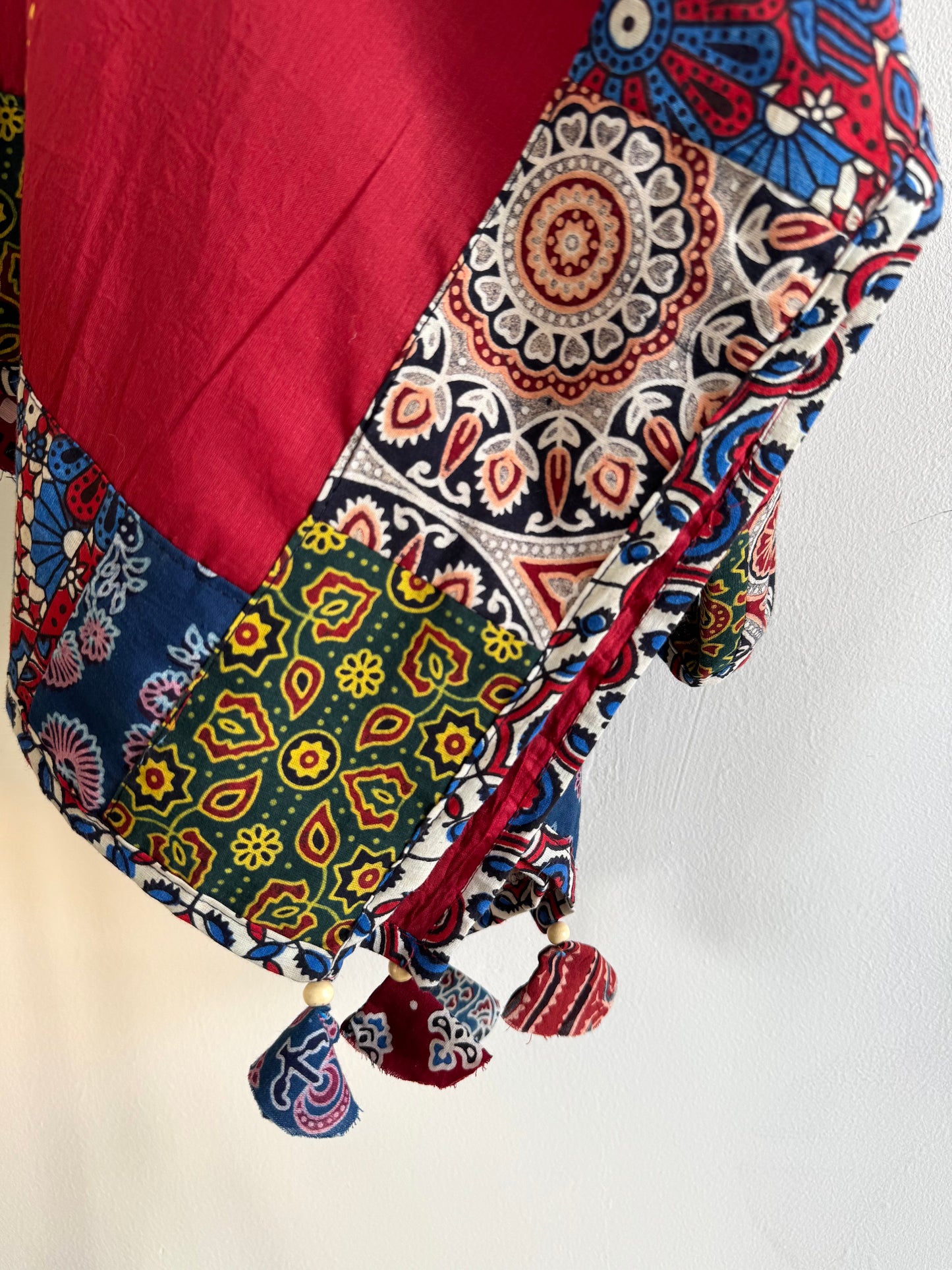 𓂃ོ⋆☀︎𓂃ᨒོ Ajrakh, Applique & Kantha Embroidered Dupatta ~ Ruby Red 𑁍ࠬ