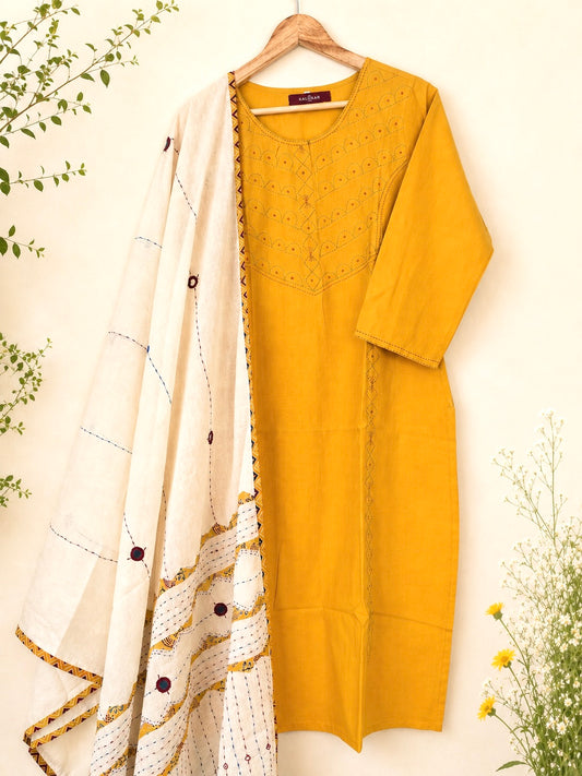 Masakali ~ Yellow Ochre Cotton Embroidered Kurti & Dupatta Set