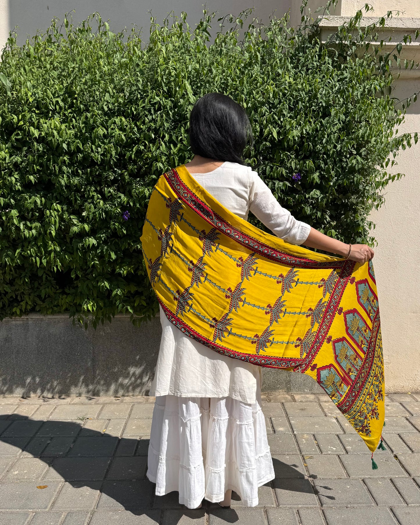 Rangrez🔅Modal Silk Ajrakh Stoles ~ Yellow with Palm Tree Motifs