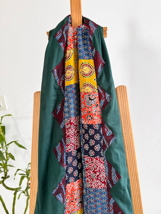 Ajrakh Applique & Kantha Embroidered Dupatta ~ Basil Green