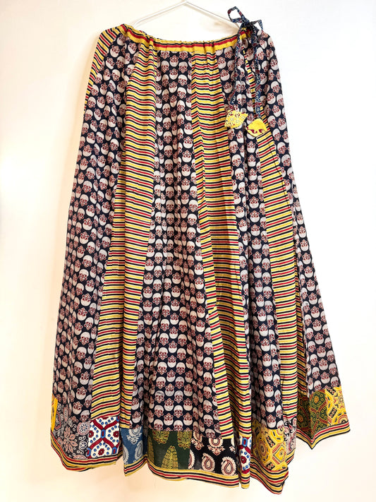 ✨Garba nu Ghoomie ~ Ajrakh Lehenga and Dupatta Set ~ Yellow Strips w/ Black Dupatta