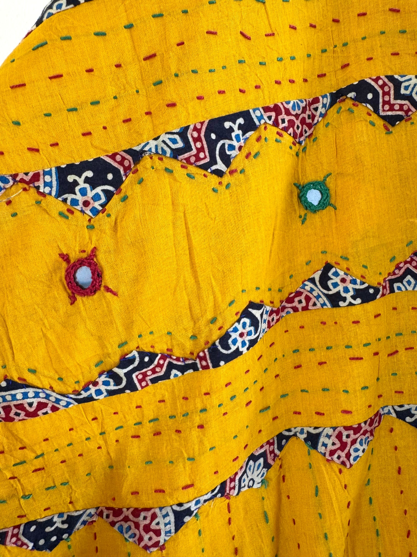 Ajrakh Applique & Kantha Embroidered Dupatta ~ Mustard Yellow with dotted lines