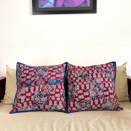 Ajrakh Cushion Covers ~ Red Marigold Motif ~ Set of 2