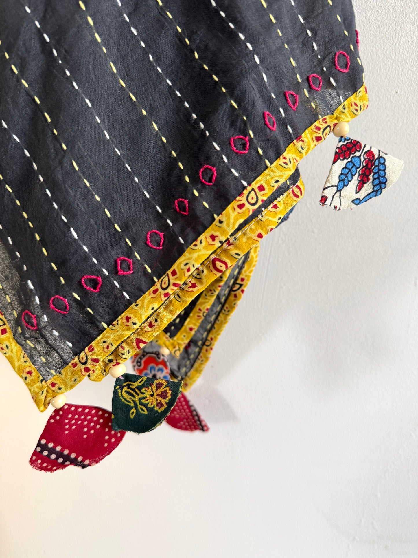 Ajrakh Applique & Kantha Embroidered Dupatta ~ Black & Yellow