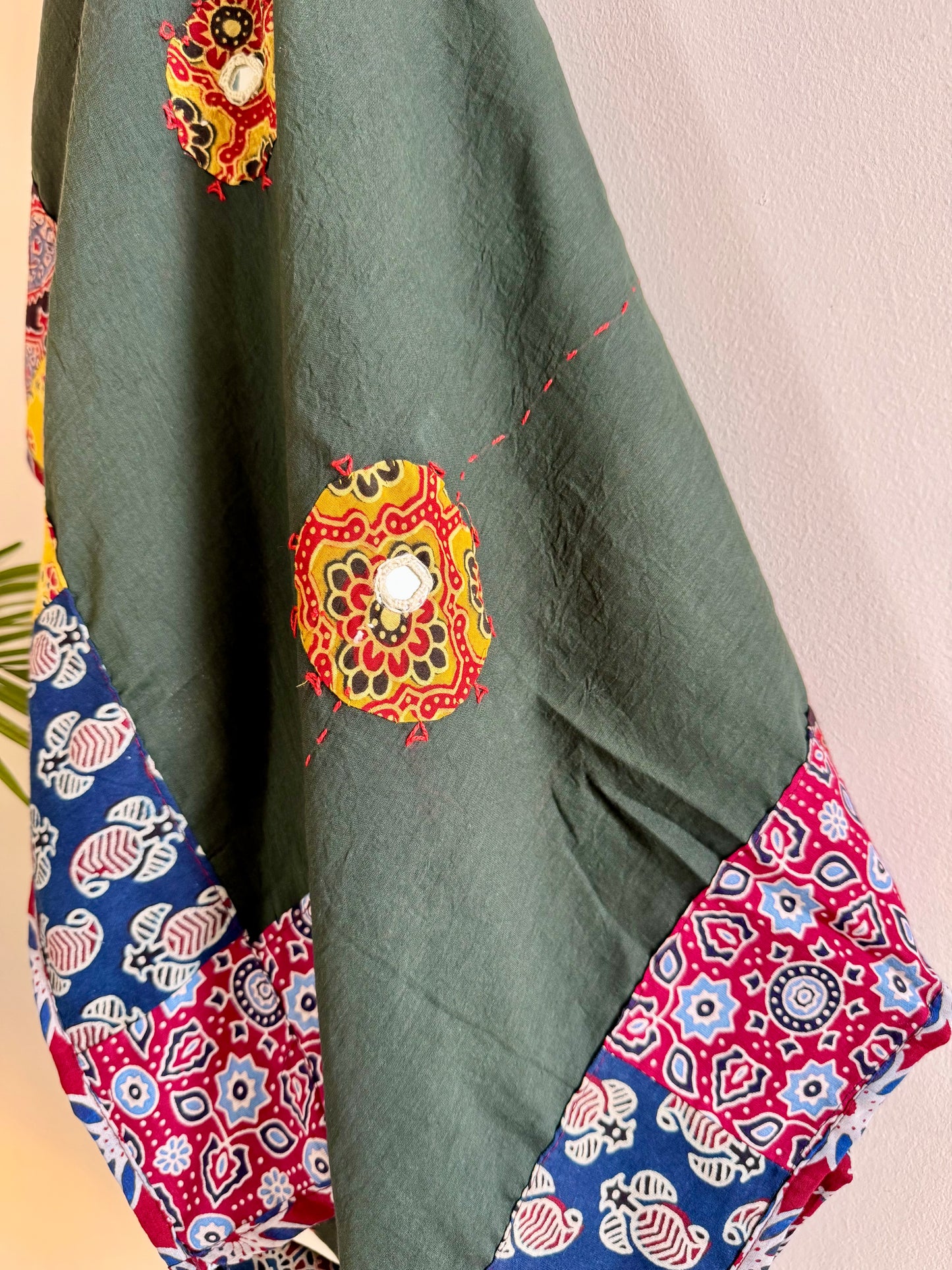 𓂃ོ⋆☀︎𓂃ᨒོ Ajrakh, Applique & Kantha Embroidered Dupatta ~ Olive Green & Yellow 𑁍ࠬ