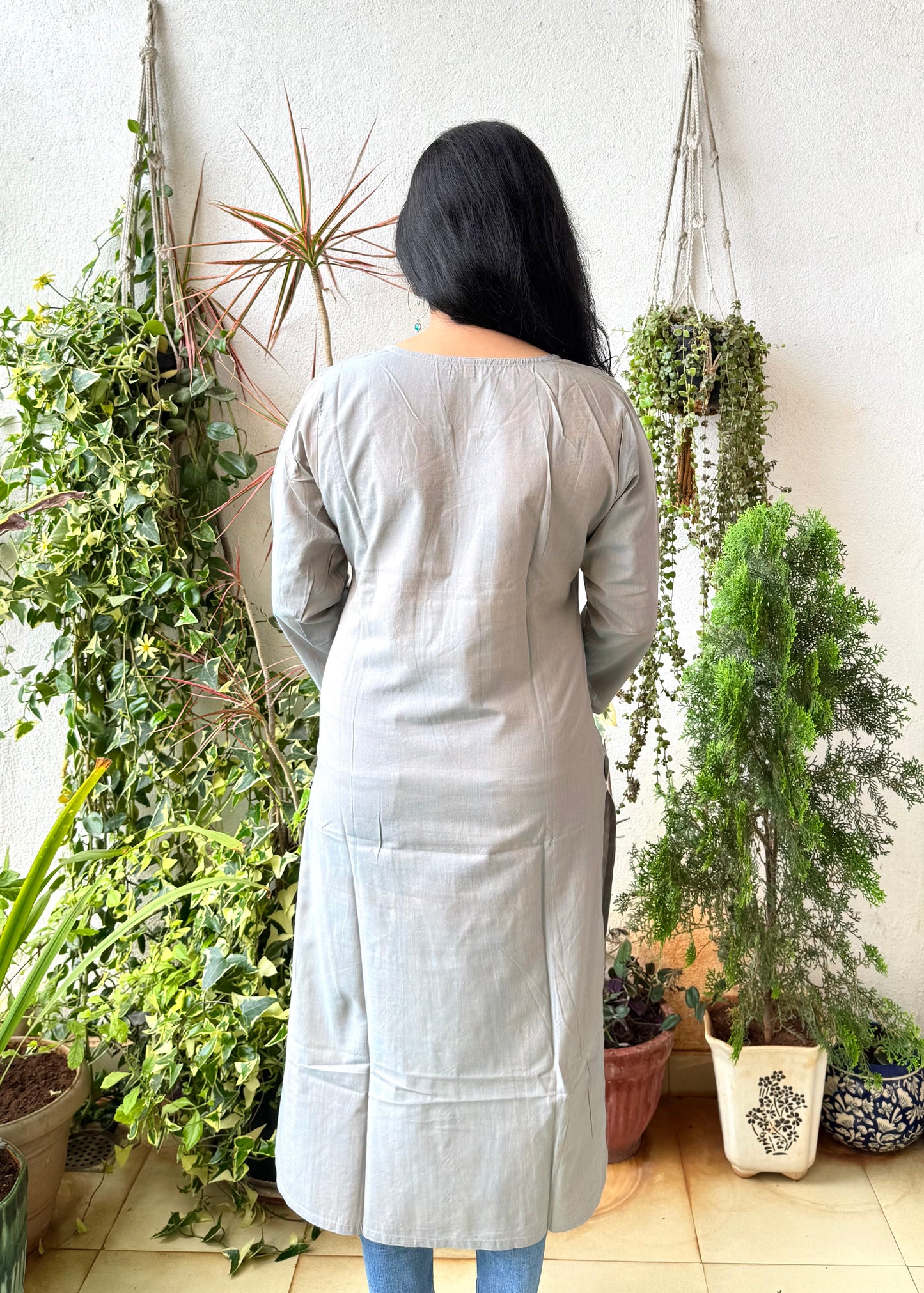 Masakali ~ Cotton Embroidered Kurti, Cool Grey 🩶