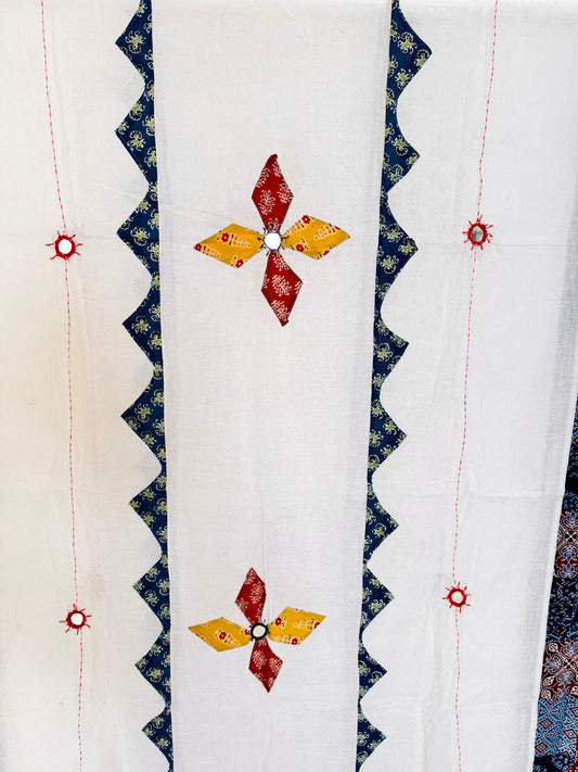 Ajrakh Applique & Kantha Embroidered Dupatta ~ White with Mustard Yellow & Orange Flowers
