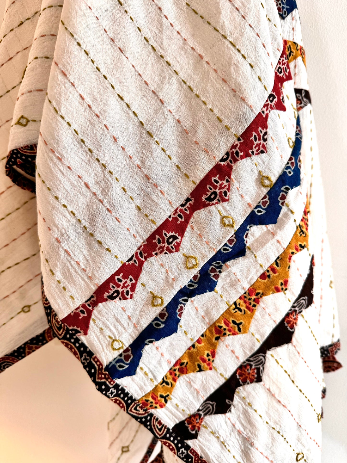 Ajrakh Applique & Kantha Embroidered Dupatta ~ White with Multicolor Patchwork
