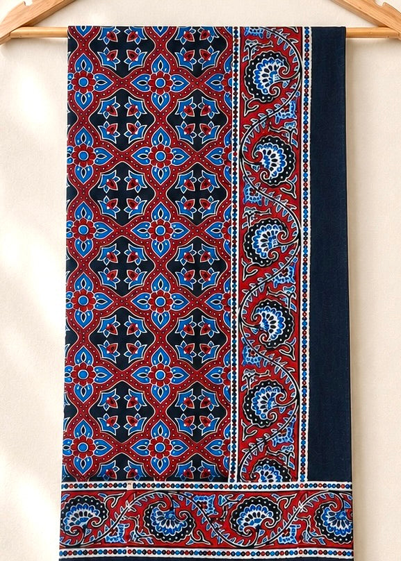 Raahi🌻Ajrakh Cotton Stoles ~ black and blue w/ circle motifs