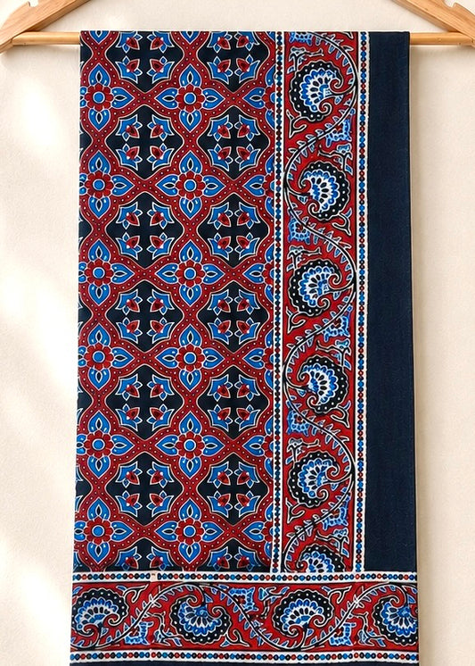 Raahi🌻Ajrakh Cotton Stoles ~ black and blue w/ circle motifs
