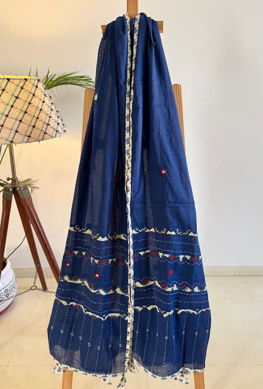 Ajrakh Applique & Kantha Embroidered Dupatta ~ Navy Blue with Kantha Work