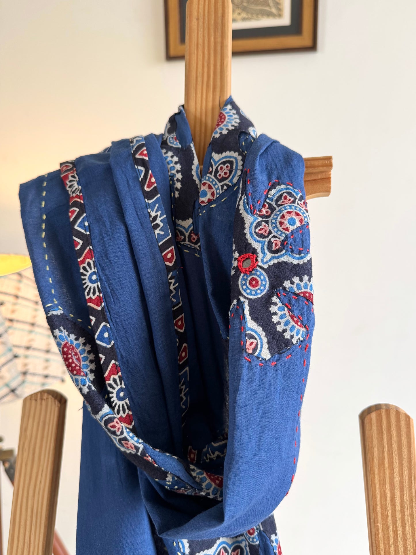 𓂃ོ⋆☀︎𓂃ᨒོ Ajrakh, Applique & Kantha Embroidered Dupatta ~ Navy Blue w/ Black Flowers 𑁍ࠬ