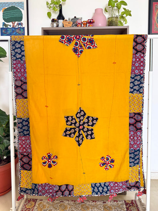 𓂃ོ⋆☀︎𓂃ᨒོ Ajrakh, Applique & Kantha Embroidered Dupatta ~ Amber Yellow 𑁍ࠬ