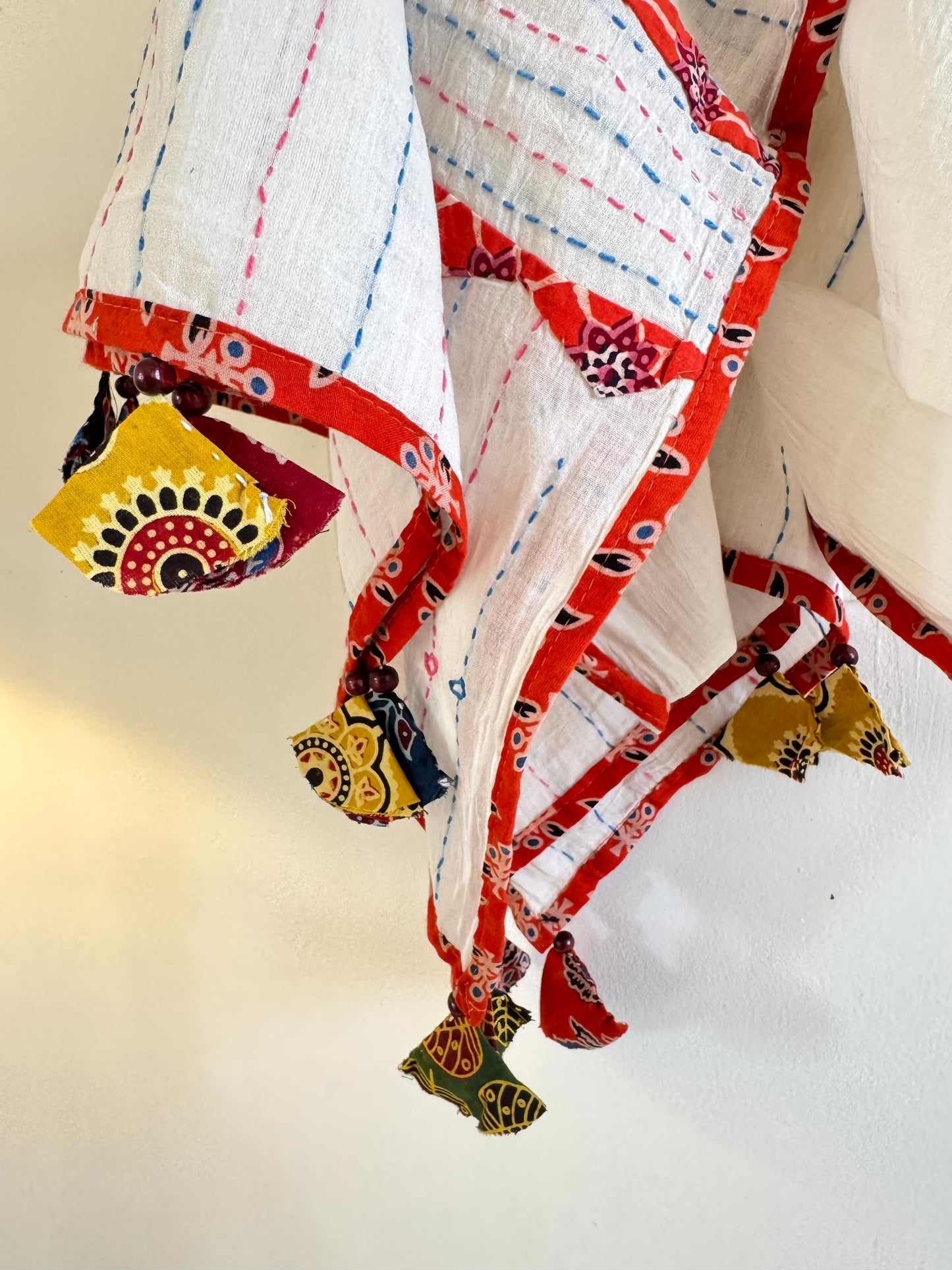 Ajrakh Applique & Kantha Embroidered Dupatta ~ White with Orange Patchwork