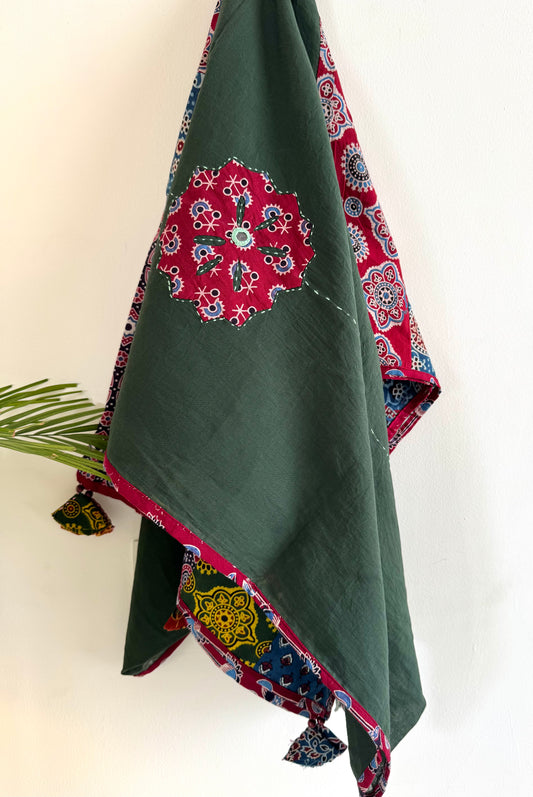 𓂃ོ⋆☀︎𓂃ᨒོ Ajrakh, Applique & Kantha Embroidered Dupatta ~ Olive Green with Ruby Crystals𑁍ࠬ