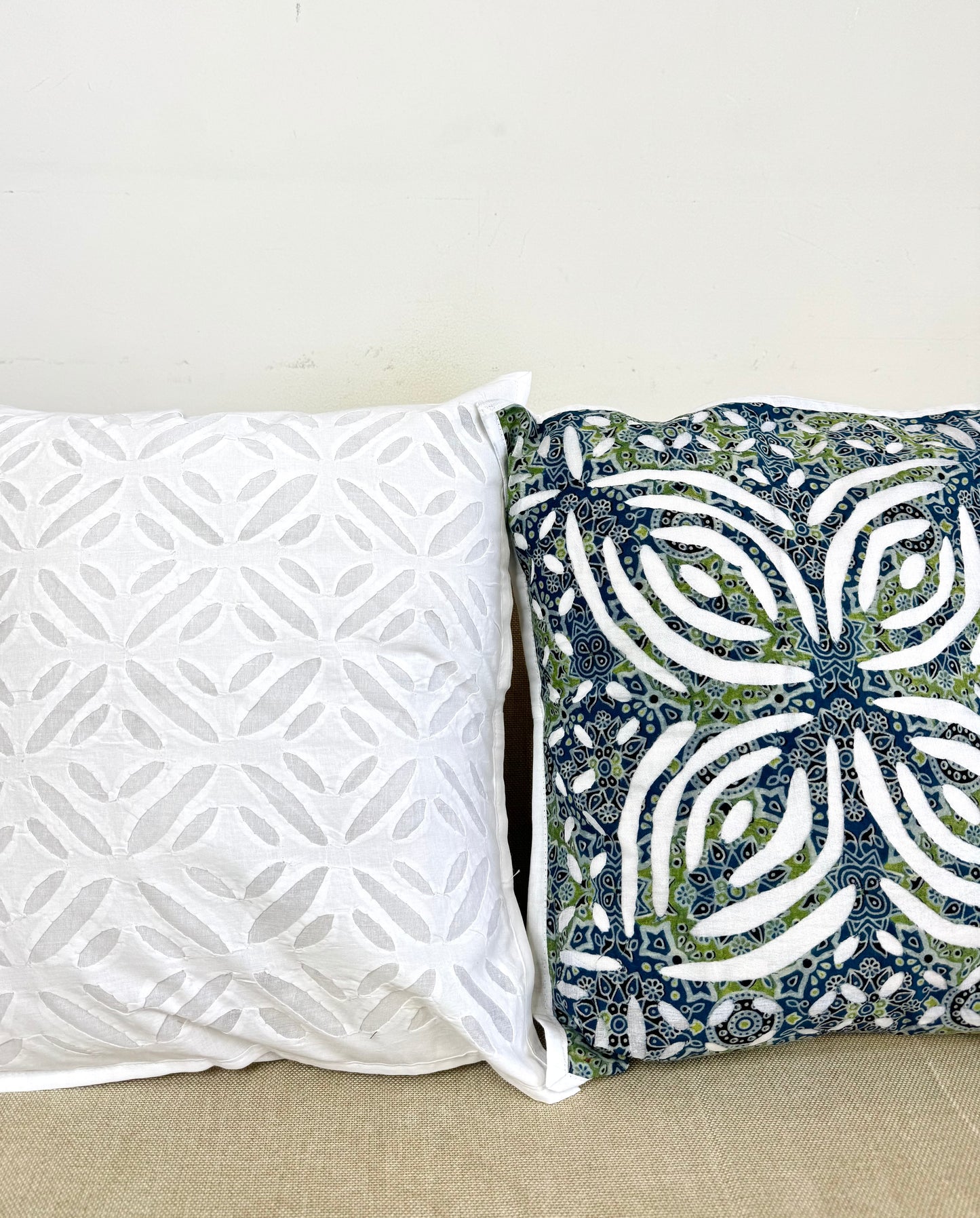Applique cutwork Cushion cover ~ White & Green ~ Set of 3