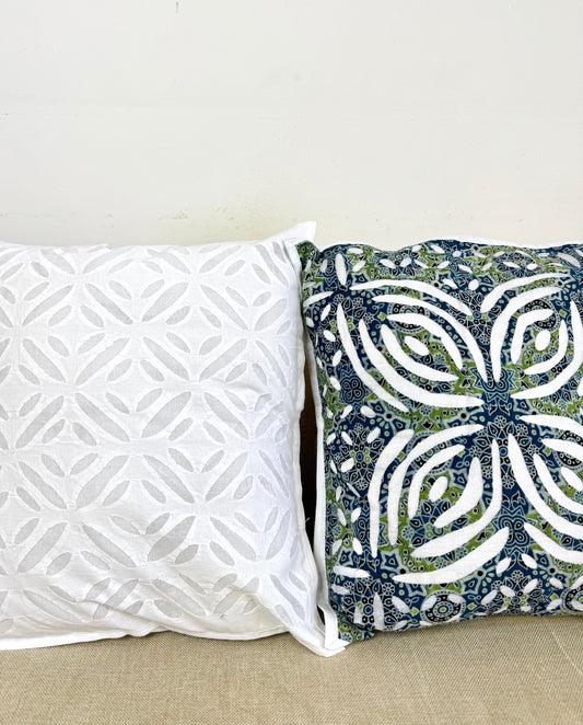 Applique cutwork Cushion cover ~ White & Green ~ Set of 3