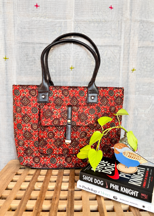 Karwaan🍂 Red mosaic motifs ~ Sanganeri Handblock Fabric Bag